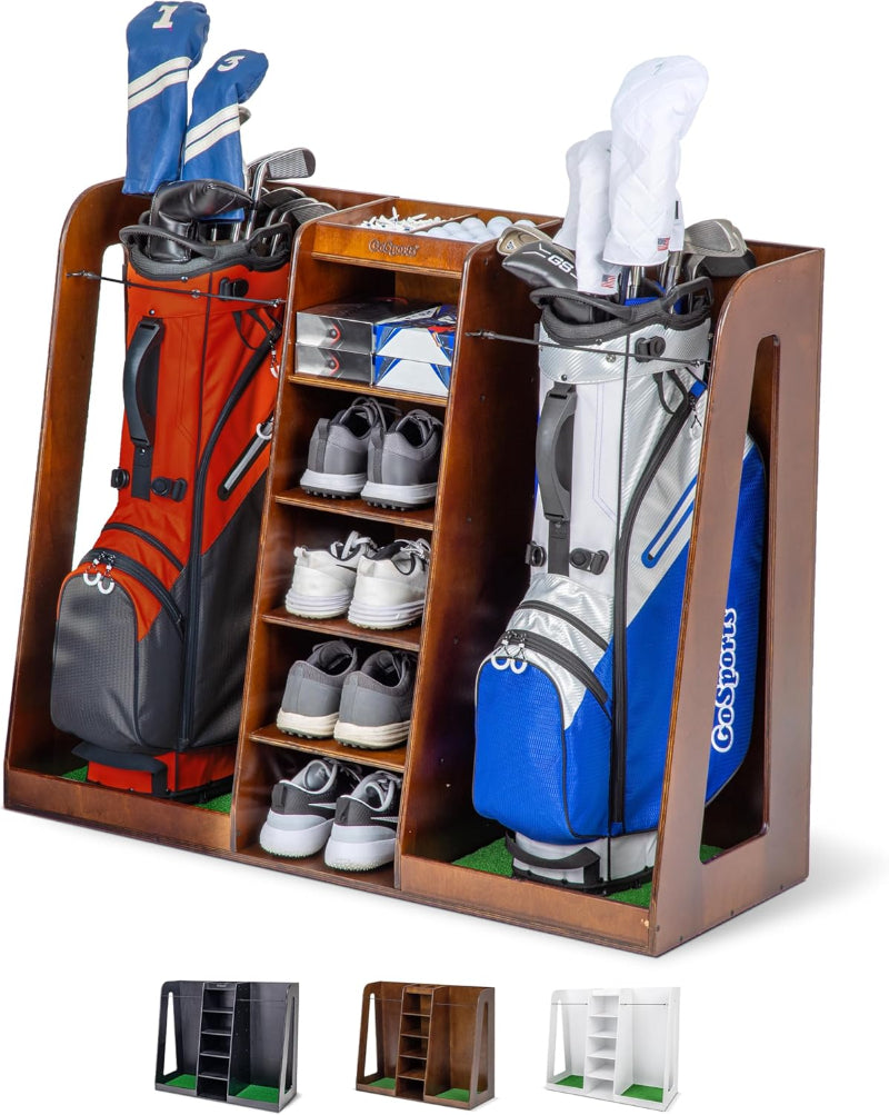Golf bag and shoe organizer with golf bags and shoes on a white background