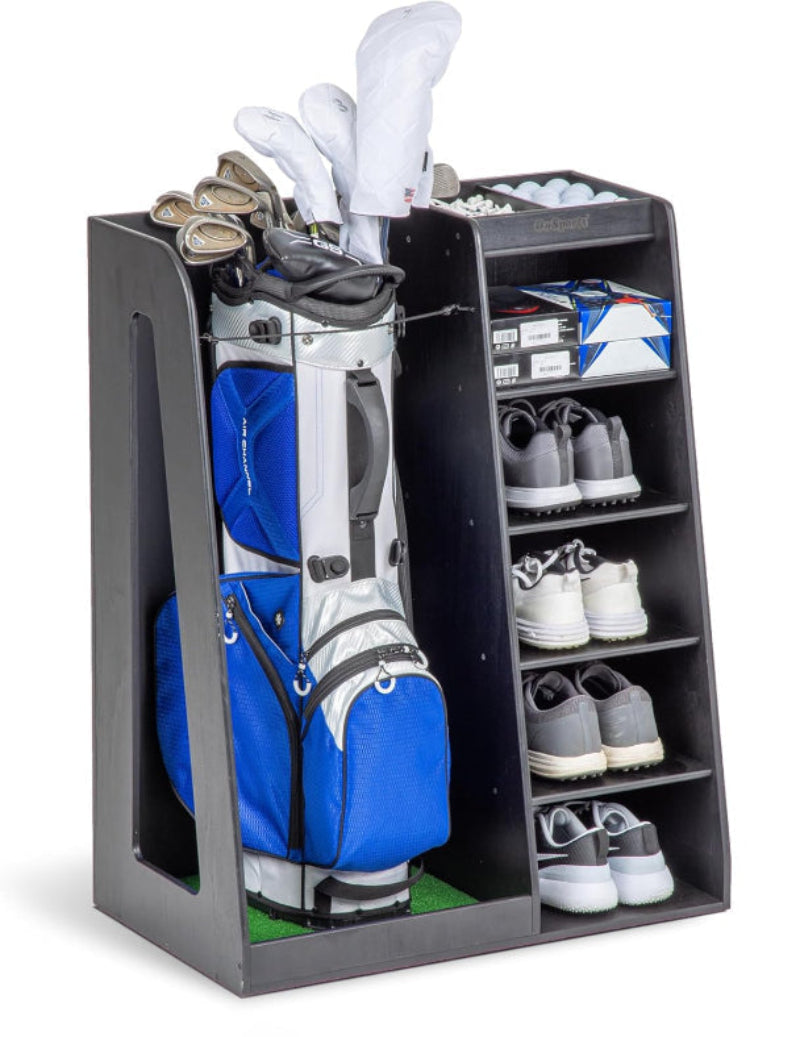 Golf bag and shoes organizer with additional storage shelves on a white background