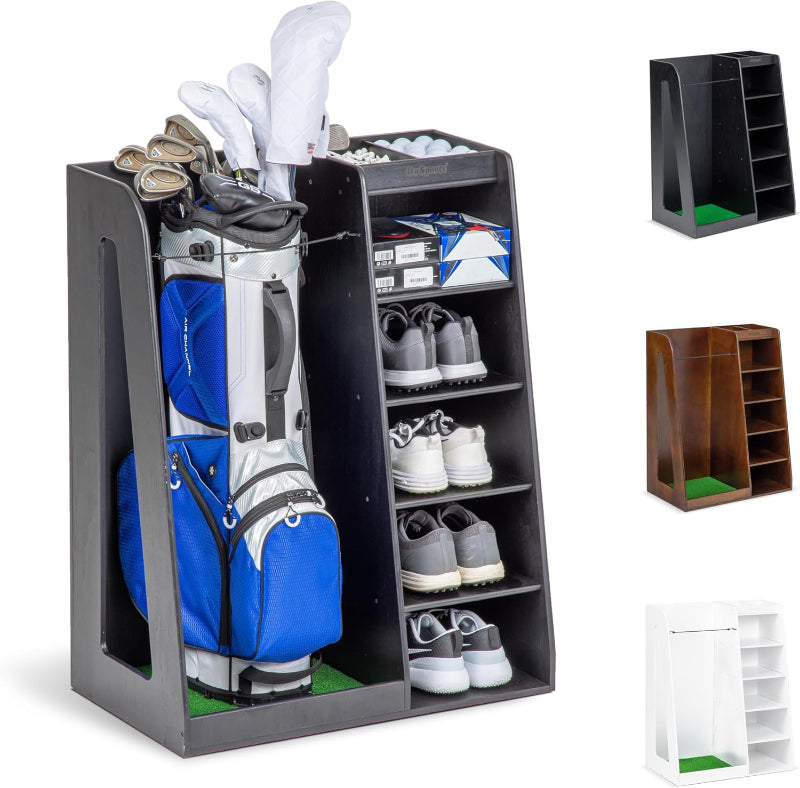 Golf bag and shoes organizer with additional storage shelves on a white background