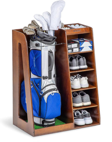 Wooden golf equipment organizer with golf bag, shoes, and clubs on shelves.