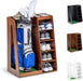 Wooden golf equipment organizer with golf bag, shoes, and clubs on shelves.