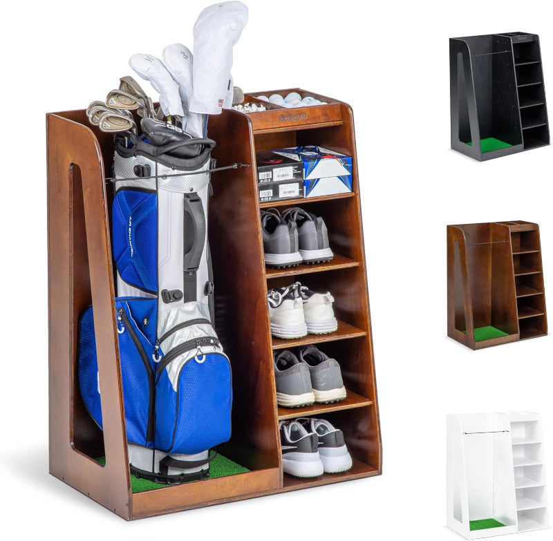 Wooden golf equipment organizer with golf bag, shoes, and clubs on shelves.