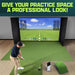 Person using a golf simulator in a home setting with text 'Give your practice space a professional look!'.