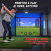 Person practicing golf swings in a home indoor golf simulator. 4:3 aspect ratio. 