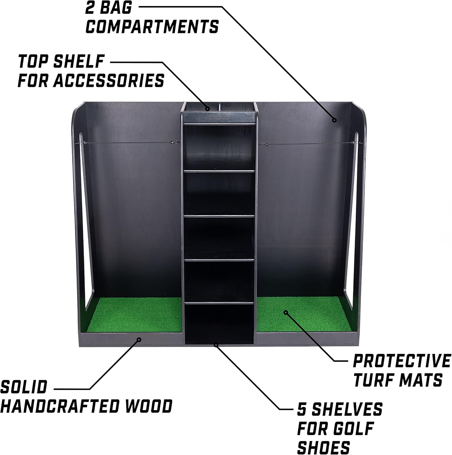 GoSports Premium Wooden Golf Bag Organizer and Storage Rack - Black