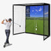 Golf simulator with screen with net enclosure displaying a golf course and player in action.