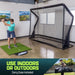 Man practicing golf swings indoors using golf net and mat, with text indicating it can be used indoors or outdoors.