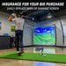 Person using a golf simulator in a indoor facility with text about insurance for big purchases.
