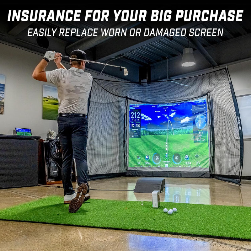 Person using a golf simulator in a indoor facility with text about insurance for big purchases.