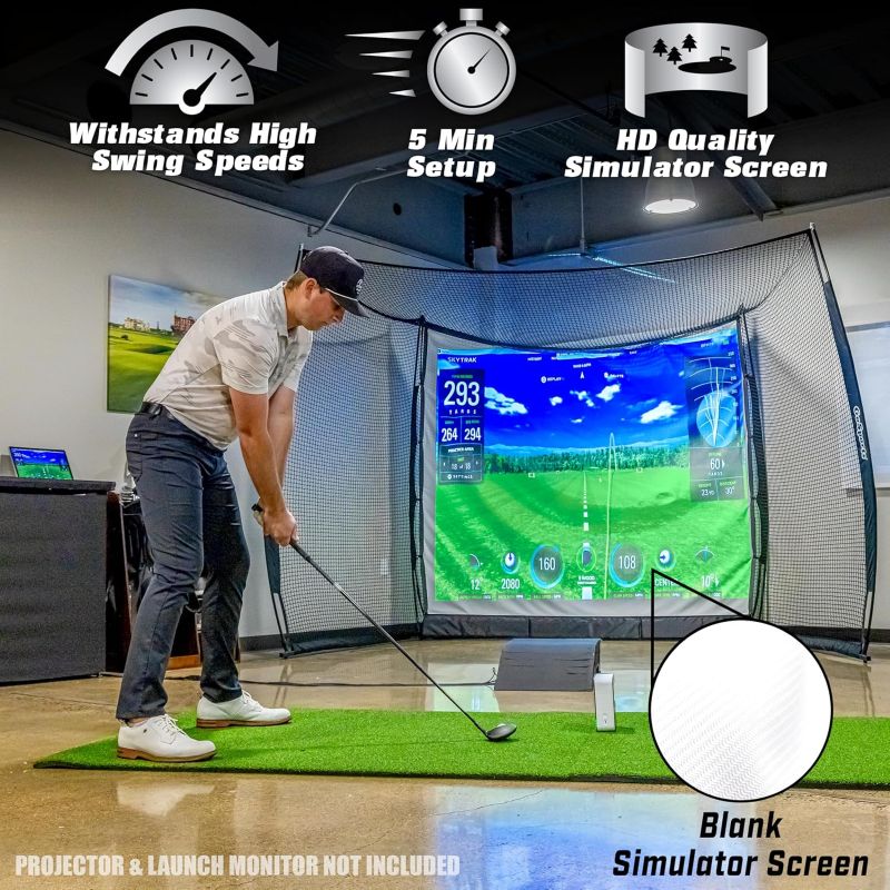Person using a golf simulator with text highlighting features like high swing speeds, quick setup, and HD quality.