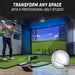 Indoor golf simulator setup with a person, text 'Transform any space into a professional golf studio!'.