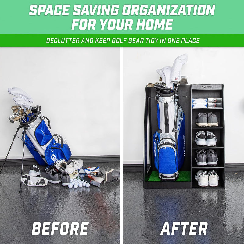 Before and after comparison of golf gear organization with a storage unit.