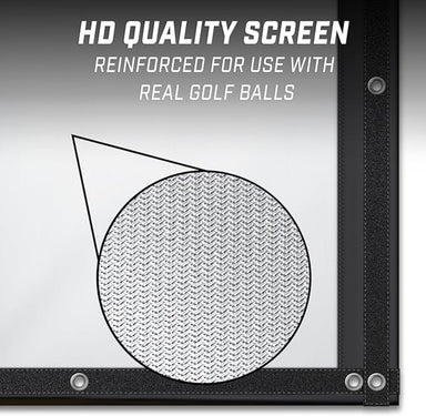 Golf screen with text highlighting quality and design on a gray background
