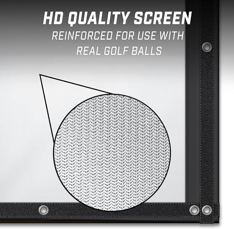 Golf screen with text highlighting quality and design on a gray background
