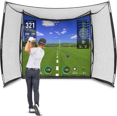 Golf simulator screen with a person holding a golf club in front of it