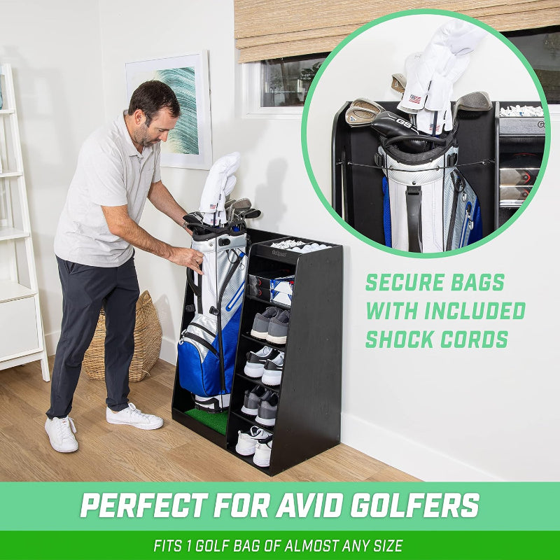 Man organizing golf bags in a black shoe rack with text highlighting features.