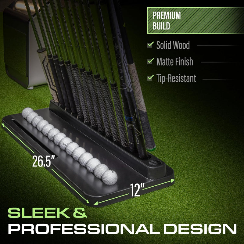 Golf club set with golf balls on a stand, featuring dimensions and build details.
