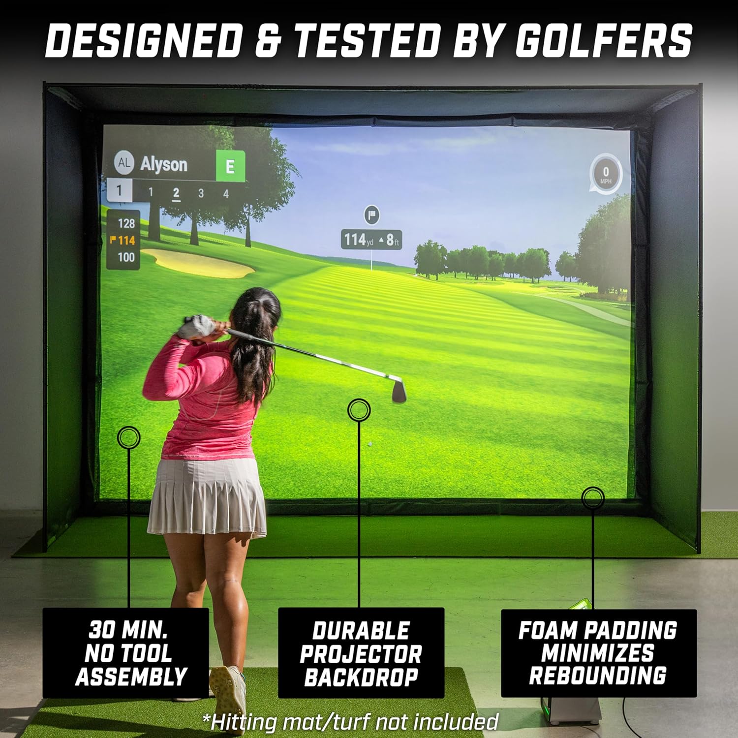 Golf simulator setup with a woman highlighting easy assembly, durable backdrop and foam padding