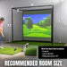 Indoor golf simulator setup with dimensions indicated on a gray wall.