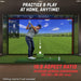 Golf simulator setup with a person, featuring text 'Practice & Play At Home, Anytime!' and screen dimensions.