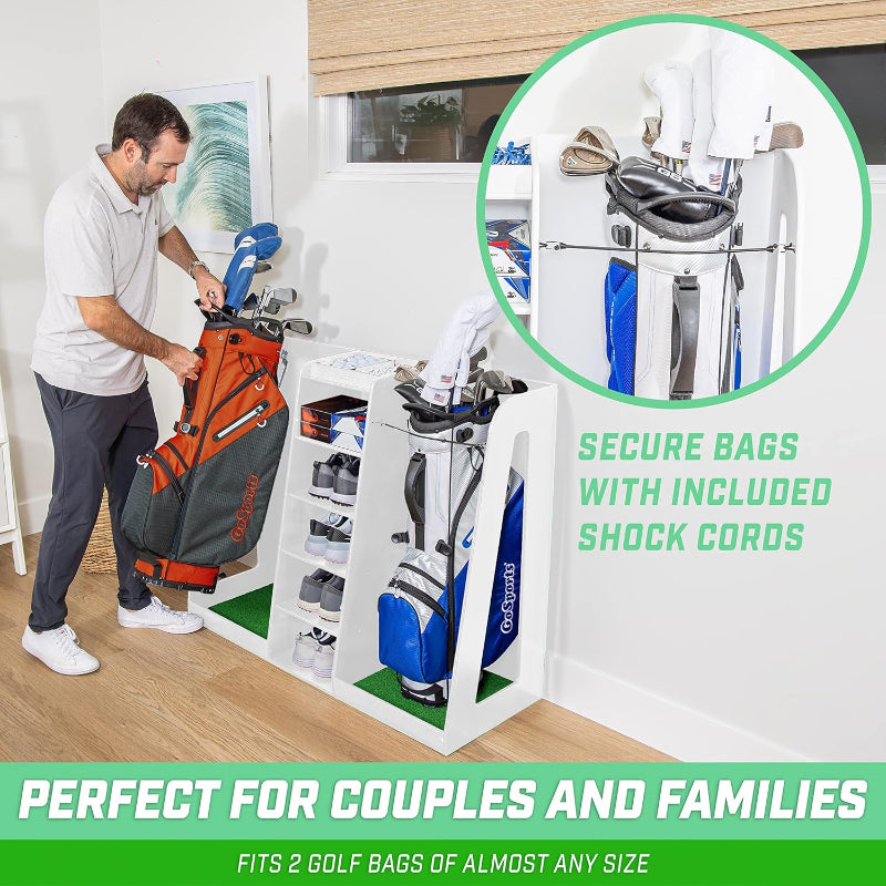 Man organizing golf bags on a stand with text highlighting features