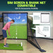 Person playing golf on a simulator with GoSports equipment, including a screen and shank net (sold separately).