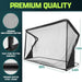Golf practice net with features highlighted- premium strength netting, push button assembly, steel frame. 