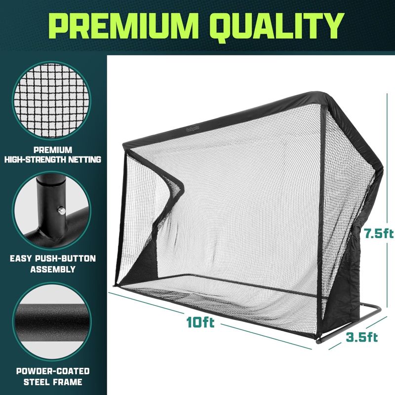 Golf practice net with features highlighted- premium strength netting, push button assembly, steel frame. 
