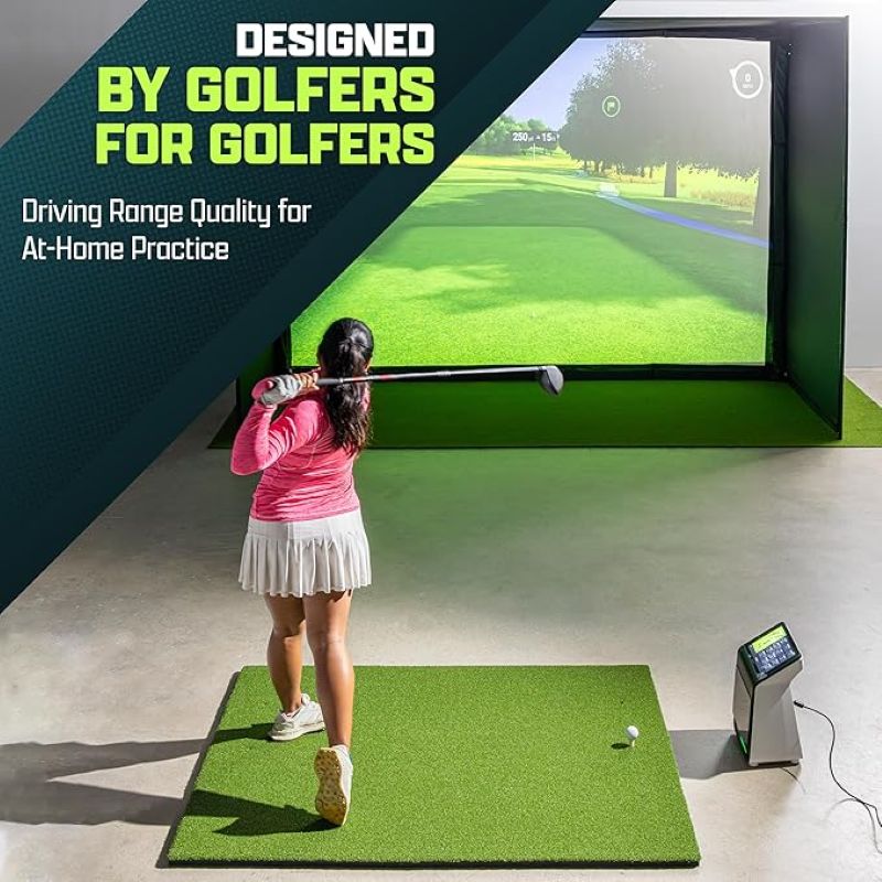 Person practicing golf swings on Pro Mat with text 'Designed by Golfers for Golfers' and 'Driving Range Quality for At-Home Practice'.