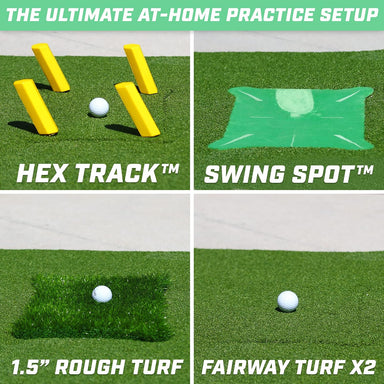 Golf practice setup with Hex Track, Swing Spot, Rough Turf, and Fairway Turf on a green grass background.