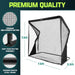 Golf practice net with features highlighted - premium strength netting, easy push-button assembly, steel frame