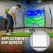 Person using a golf simulator with text about a replacement sim screen compatible with Gosports range cage.