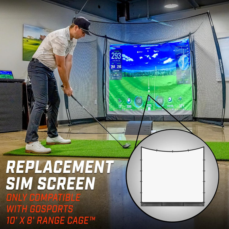 Person using a golf simulator with text about a replacement sim screen compatible with Gosports range cage.