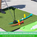 Golf practice mat with hex track pylons and golf balls on a green mat.