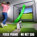 Person playing golf in a indoor simulator with a fixed frame and no net sag.