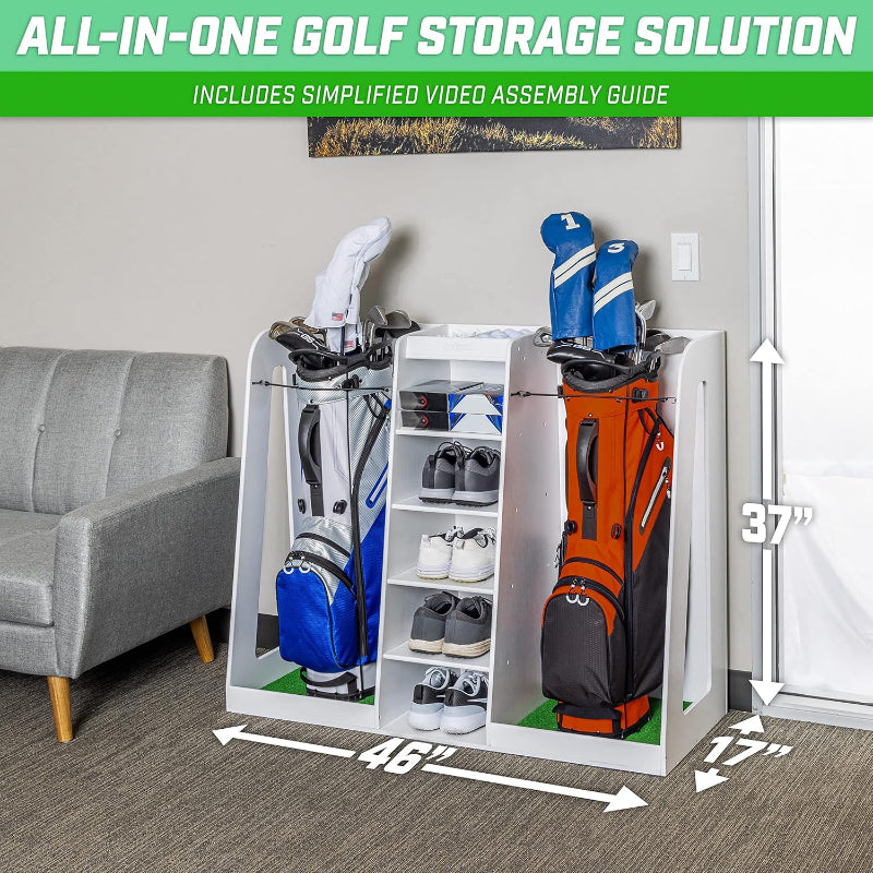 All-in-one golf storage solution with golf bags, shoes, and club heads displayed inside a white cabinet.