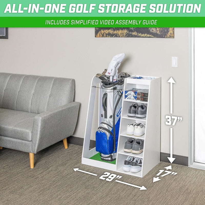 Golf storage solution with dimensions labeled in a room setting