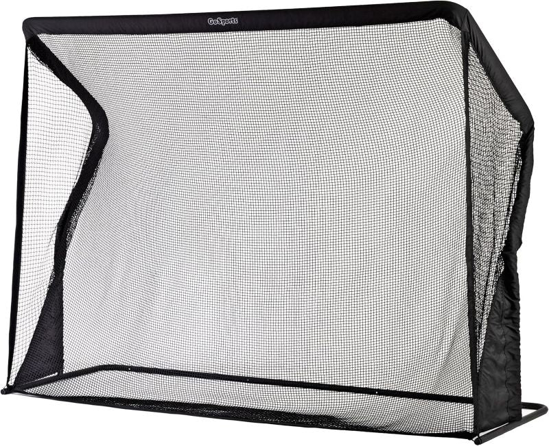 Black golf practice net on a white background