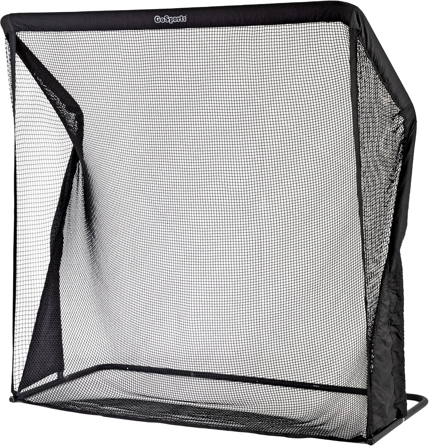 Black golf practice net with mesh design on a white background