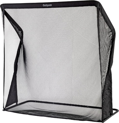 Black golf practice net with mesh design on a white background