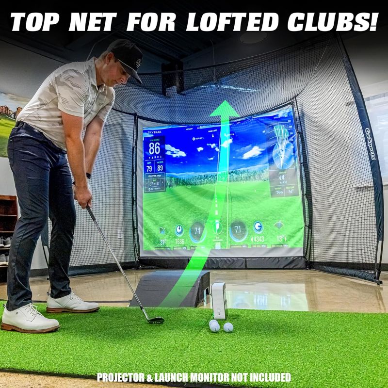 Person using a golf simulator with text 'Top Net for Lofted Clubs!' and 'Projector & Launch Monitor Not Included'.
