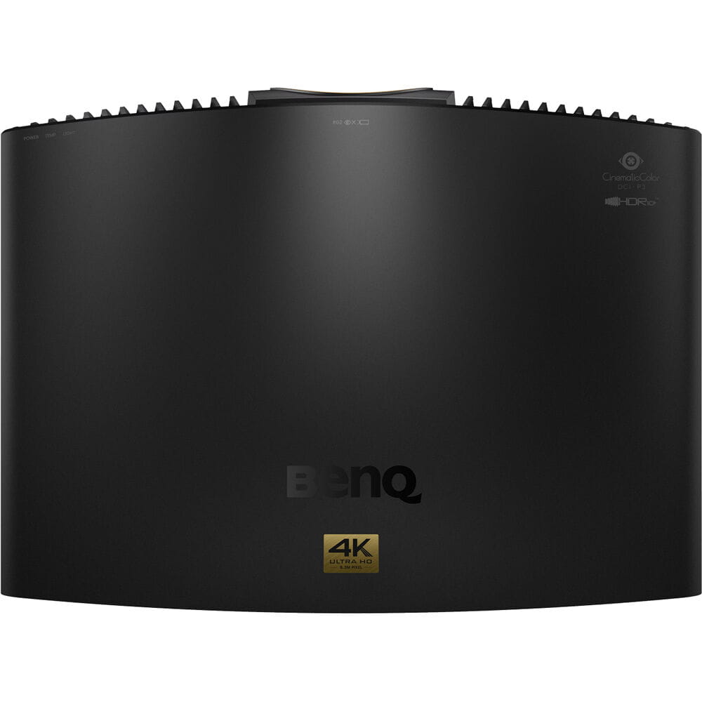 Black BenQ BR9708 projector from the top view with 4K logo on a white background