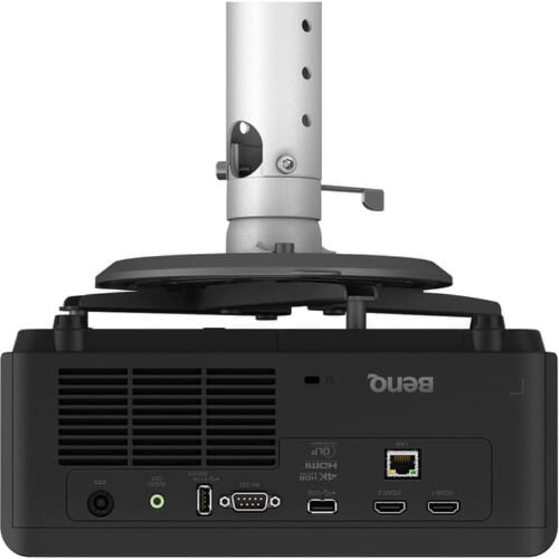BenQ LH830ST projector from behind on white background showing inputs