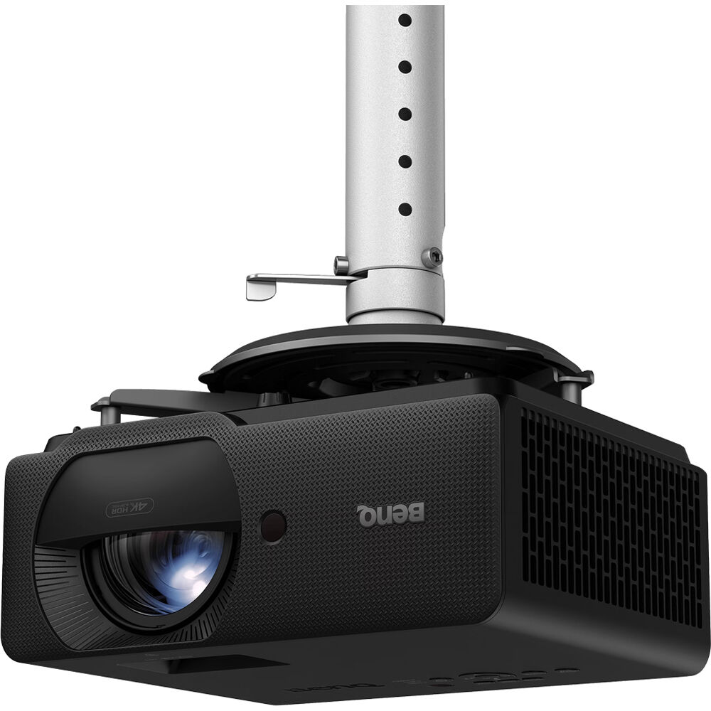 Black BenQ projector attached to a ceiling mount on a white background