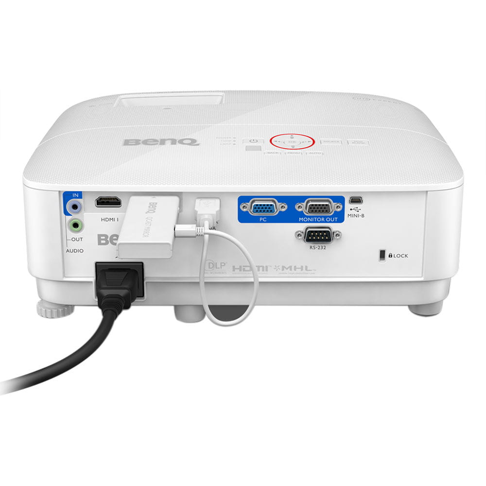 White BenQ projector with ports on a white background