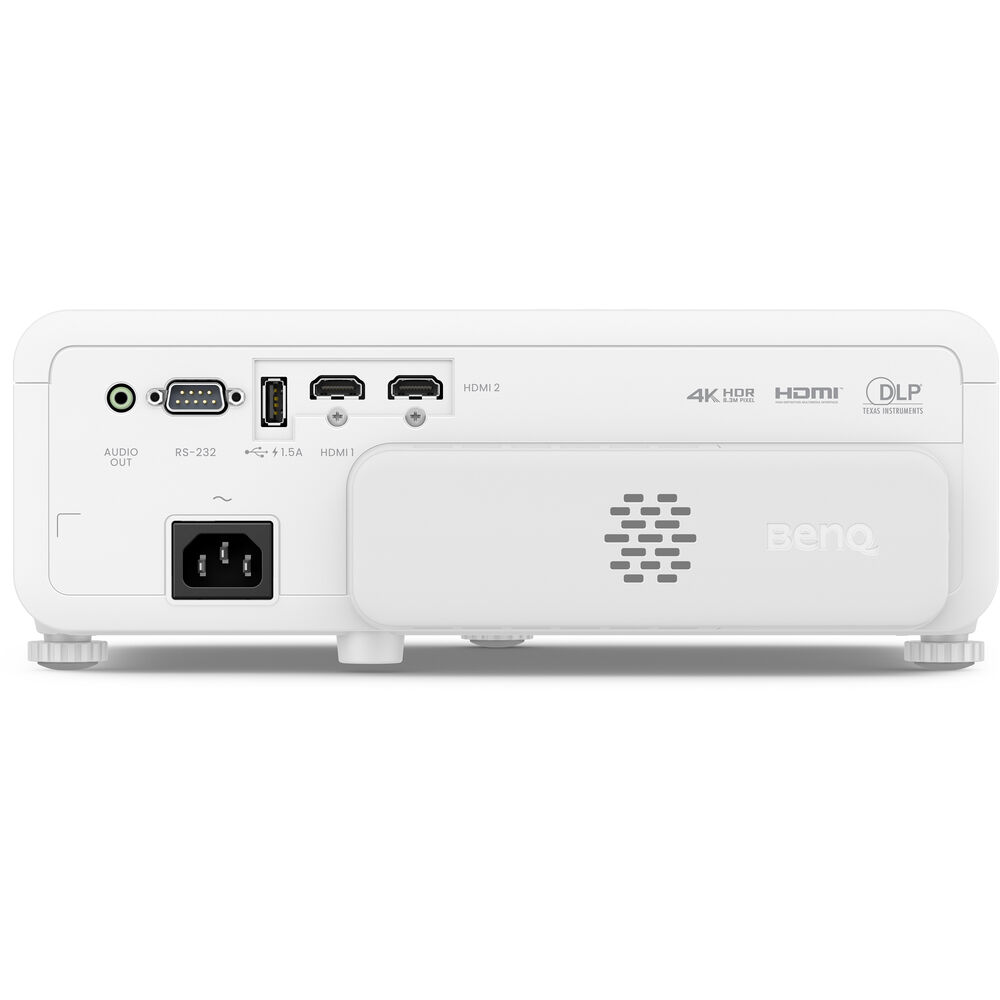Back view of the BenQ TK710STi  projector with ports on a white background