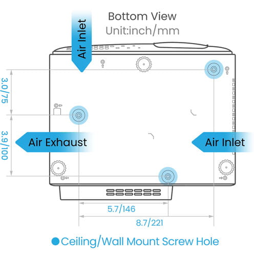 Technical diagram of the BenQ TK710STi with labeled parts and dimensions.