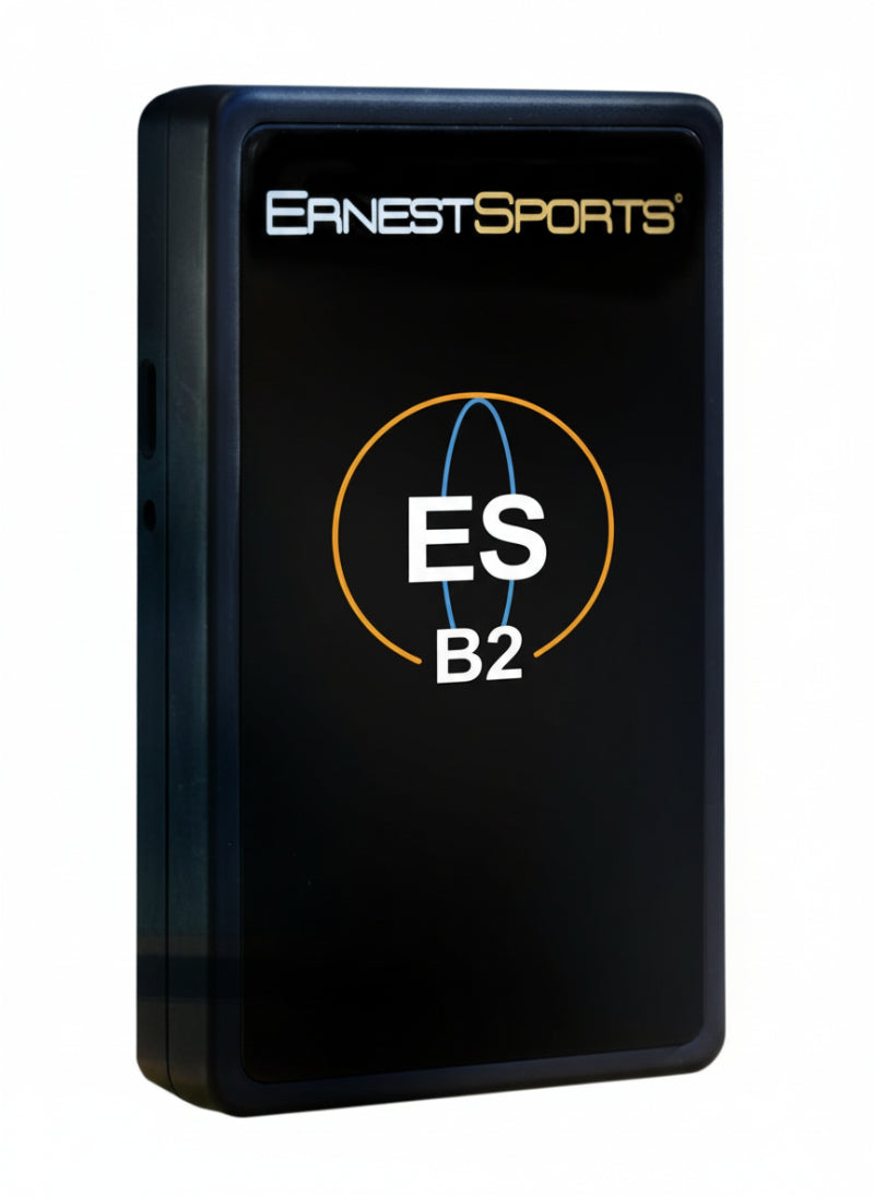Black launch monitor with 'Earnest Sports' branding on a white background
