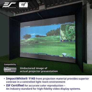 Elite Screens Projection screen with a golf simulation game displayed, featuring Elite Screens and ISF logos.