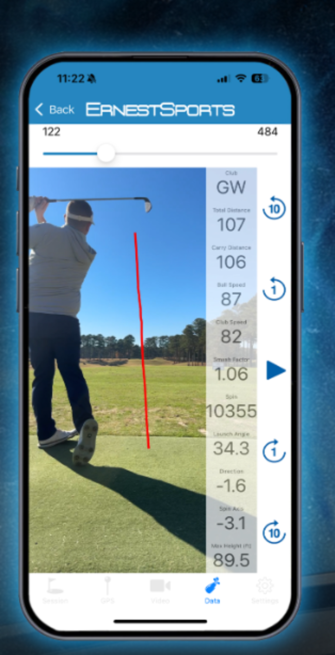 Phone screen displaying Ernest Sports golf swing analysis app with a golfer and measurement tools on a blue background.